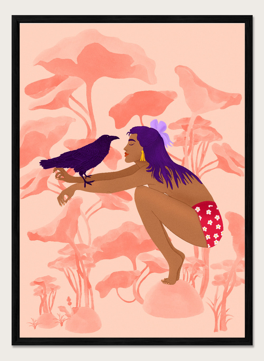 Illustration of a woman with a bird on a pink floral background. Raven by Jota de Jai is a modern pink wall art print of a woman with a purple raven, available as a premium fine art poster with optional wood framing.