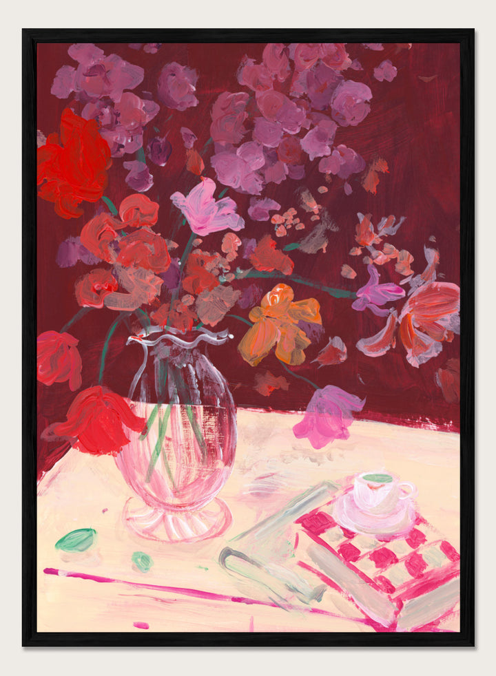 Colorful still life painting with flowers and a teacup on a table. Fall Bouquet by Katharina Puritscher art print featuring expressive floral still life, glass vase, coffee cup, book, and brushstrokes. Officially licensed wall poster.