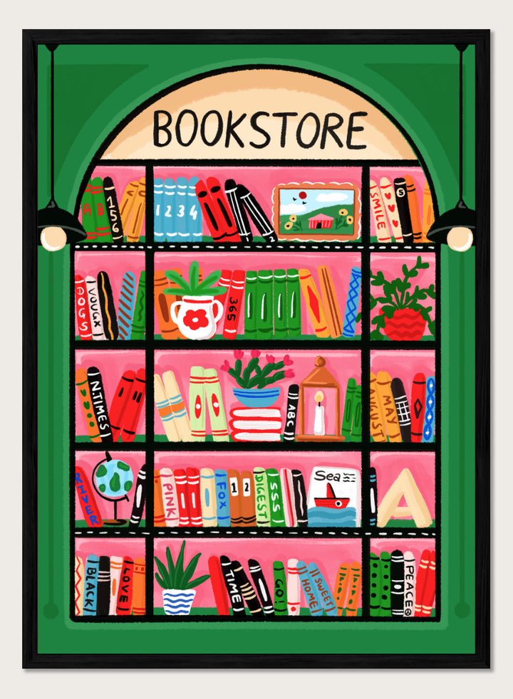 A colorful illustrated storefront sign for a bookstore, showing an arched window with shelves of books, plants, and small objects in bright pink, green, orange, blue, and yellow tones. Shop Charming Bookstore Shelf by Nidhi Kachhadiya, a colorful bookstore wall art print with bookshelves, plants, graphic shapes, and bold pink and green tones.