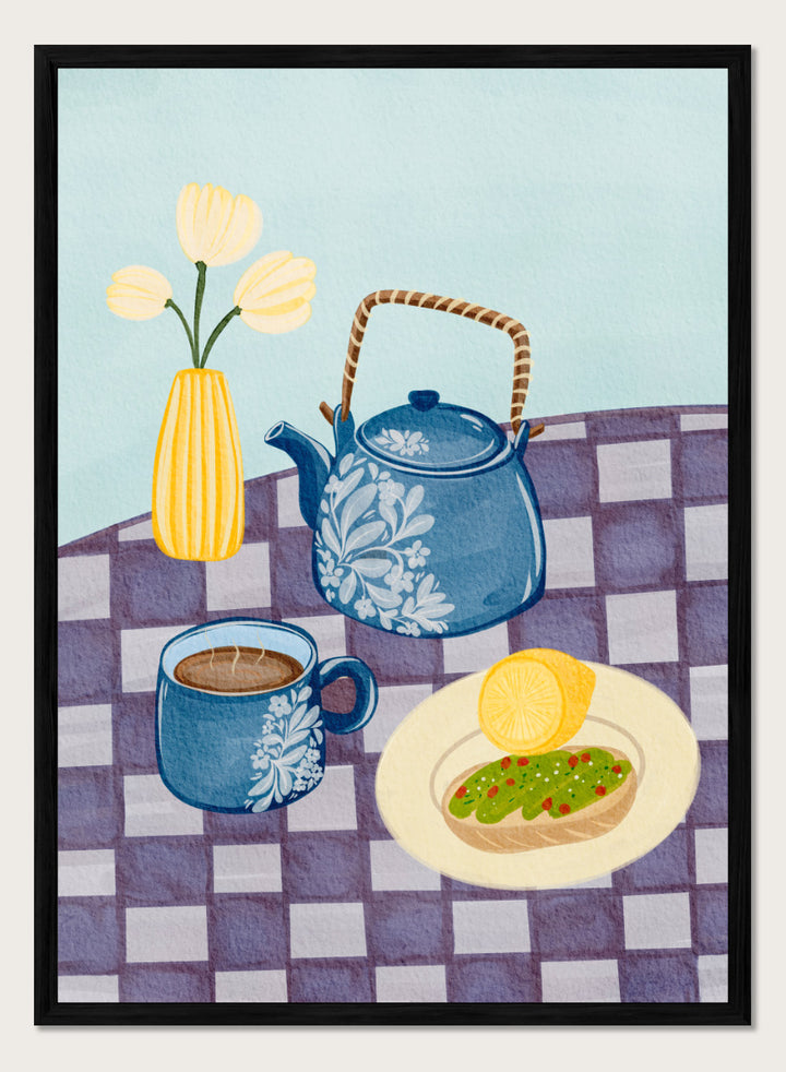 Shop Blue Teapot Breakfast by Nikita Jariwala, a kitchen wall art print poster featuring a floral teapot, tea cup, breakfast still life, and blue tones.