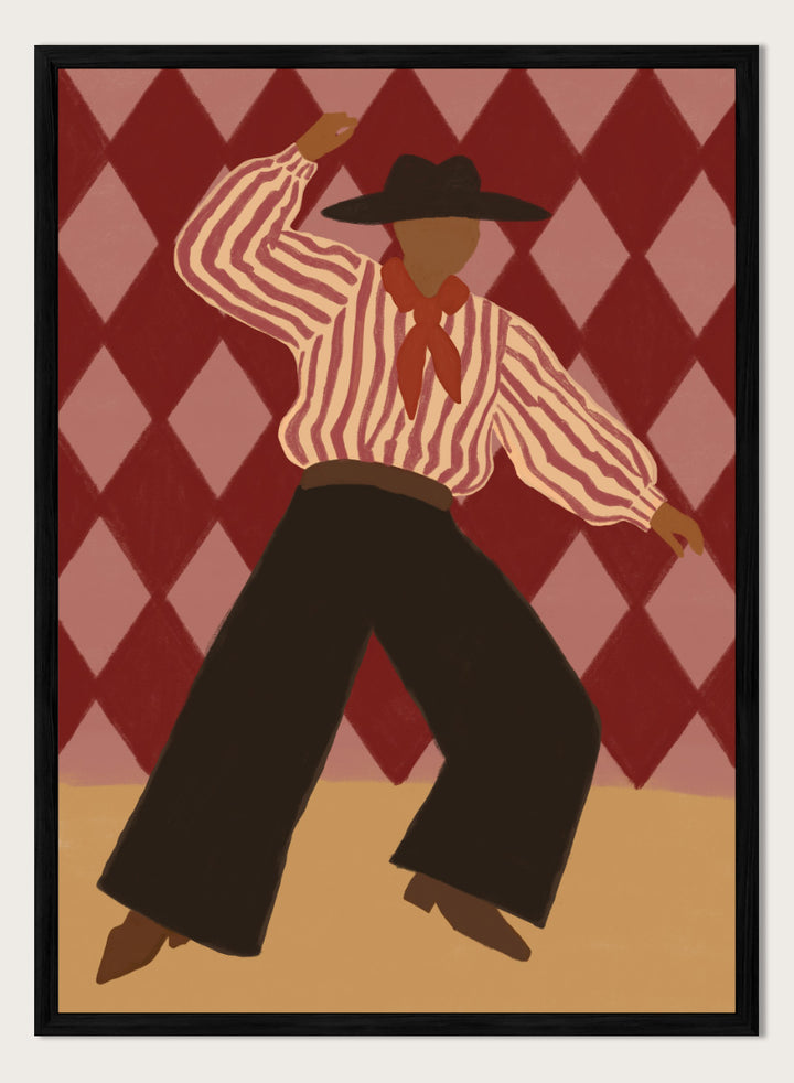 A stylized illustration of a person in a cowboy hat, striped shirt, and dark pants dancing against a red and pink diamond-patterned background. Retro Dance Character by The Art Concept art print with a dancing figure, striped shirt, red scarf, harlequin background, and retro color palette.