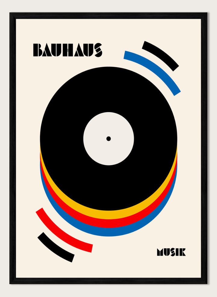 A Bauhaus-style poster featuring a large black vinyl record graphic with concentric red, yellow, and blue rings on a warm cream background, with the words &