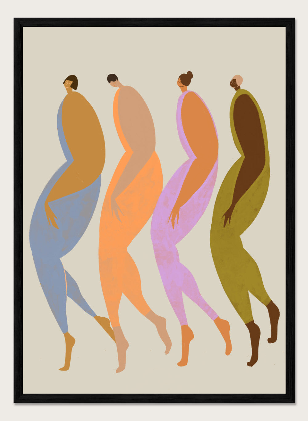 Abstract illustration of four stylized figures in various colors on a beige background. We The Giants by Arty Guava is a modern art print of four bold figures walking together, celebrating strength and sisterhood. Officially licensed wall poster.