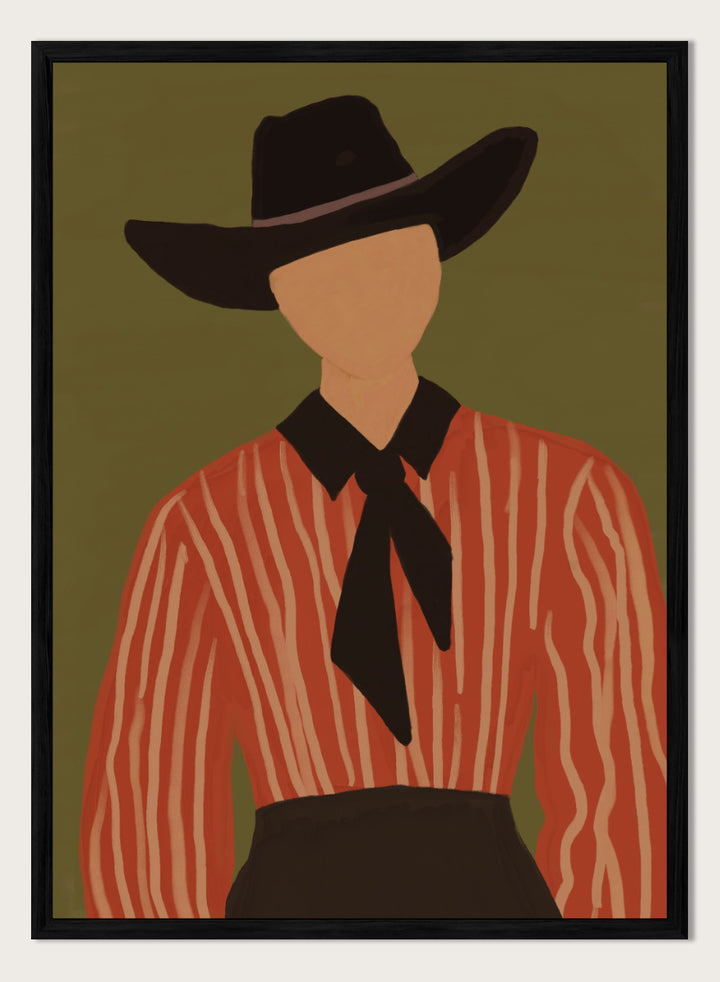 A stylized Western portrait painting of a person wearing a black cowboy hat, a red-orange and cream vertically striped shirt, and a black necktie against an olive green background. Modern Western Portrait by The Art Concept art print featuring a cowboy hat, striped rust shirt, neck scarf, and warm olive tones.