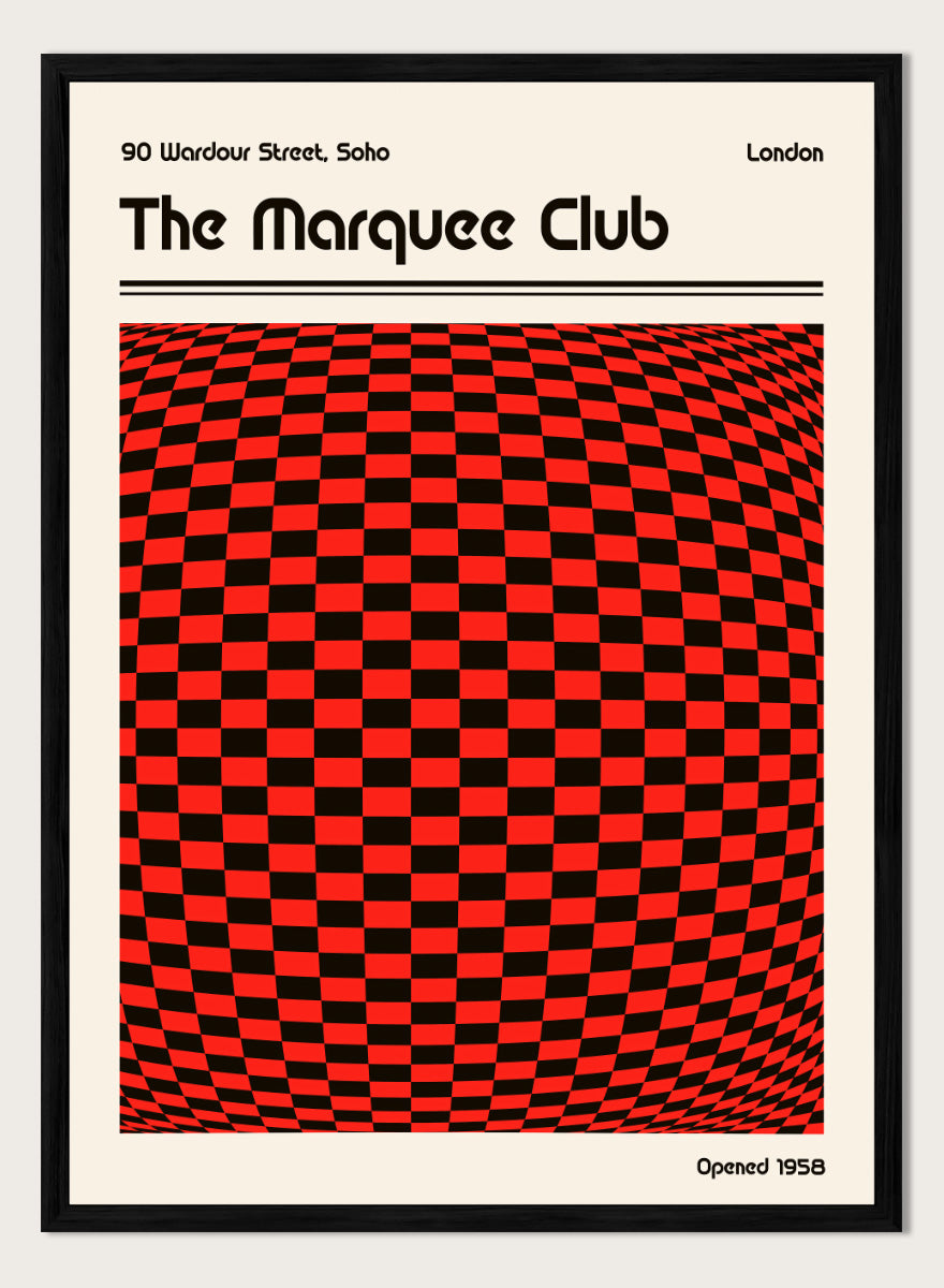 A poster-style graphic for The Marquee Club with a large red-and-black checkered optical illusion panel, black text reading &