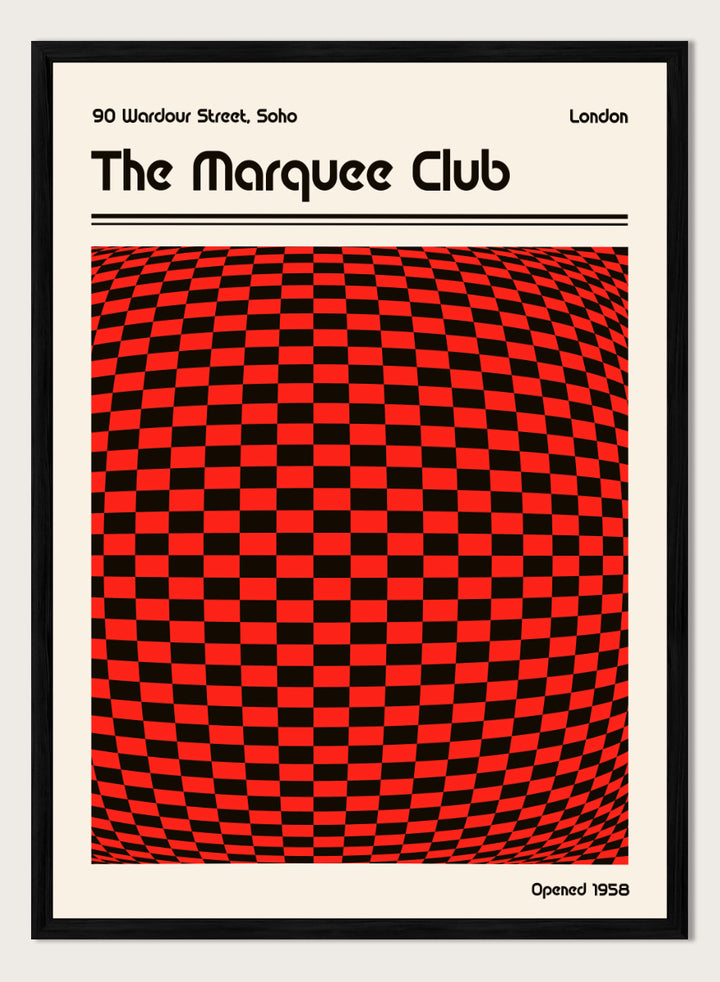 A poster-style graphic for The Marquee Club with a large red-and-black checkered optical illusion panel, black text reading &