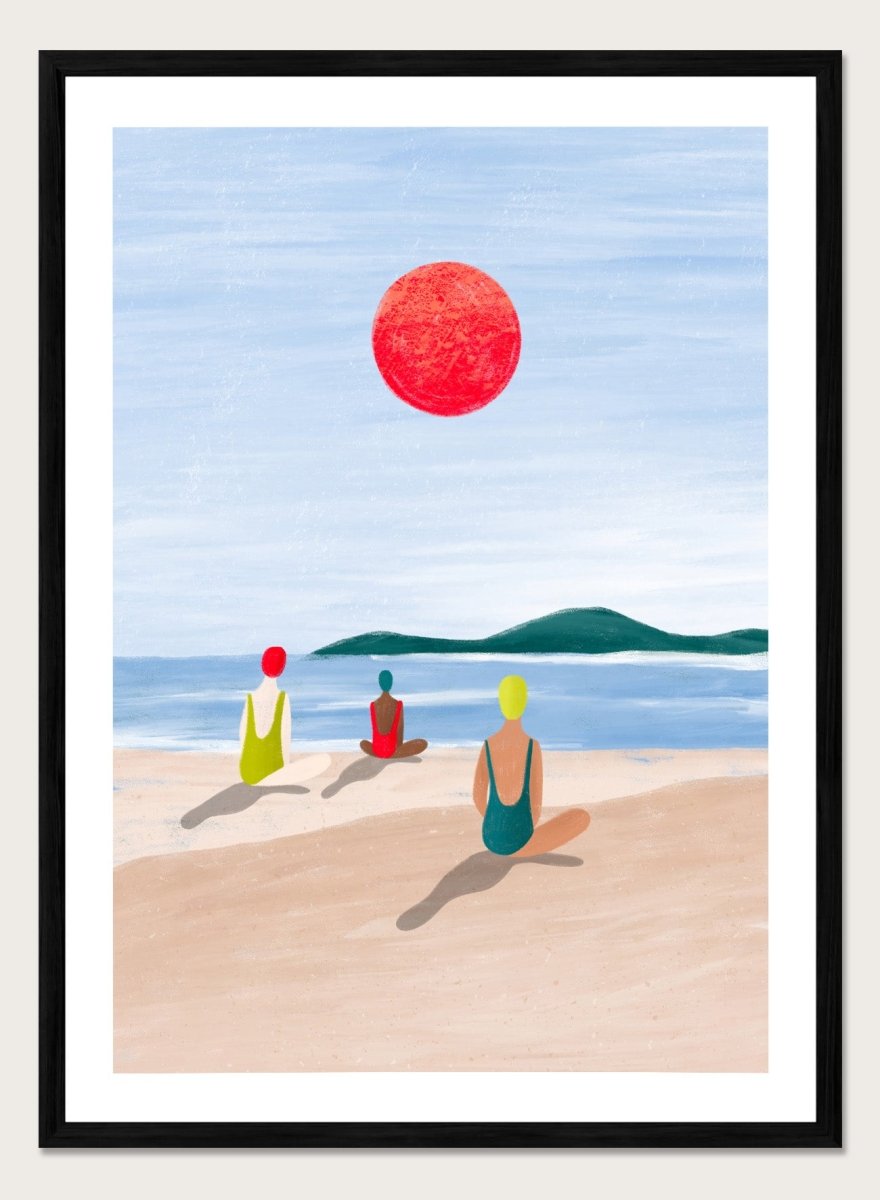 A minimalist art print depicting three figures meditating on a sandy beach under a large red sun. Red Sun Beach Serenity by Bea Müller premium fine art print featuring three figures on a beach beneath a bold red sun in a calm coastal setting.