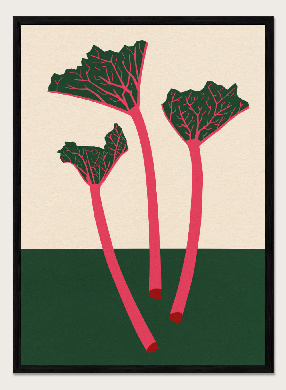 Illustration of red rhubarb stalks with green leaves on a beige and green background. Swedish Garden Rhubarb by Rosi Feist is a modern botanical art print with bold minimalist color and Bauhaus-inspired design. Officially licensed fine art poster with framing.