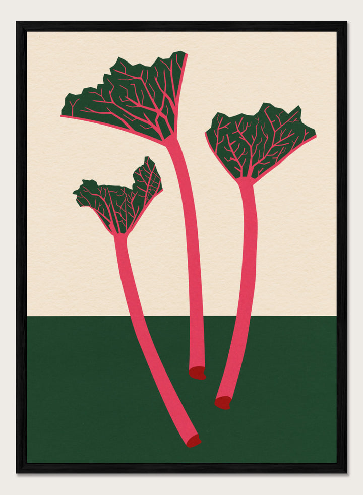 Illustration of red rhubarb stalks with green leaves on a beige and green background. Swedish Garden Rhubarb by Rosi Feist is a modern botanical art print with bold minimalist color and Bauhaus-inspired design. Officially licensed fine art poster with framing.