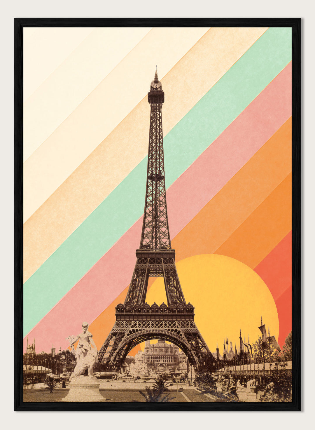 Eiffel Tower with a colorful geometric background. Eiffel Tower Retro Sunset by Florent Bodart is a Paris art print with vintage photo and colorful sunset stripes, a modern retro wall poster with bold graphic design.