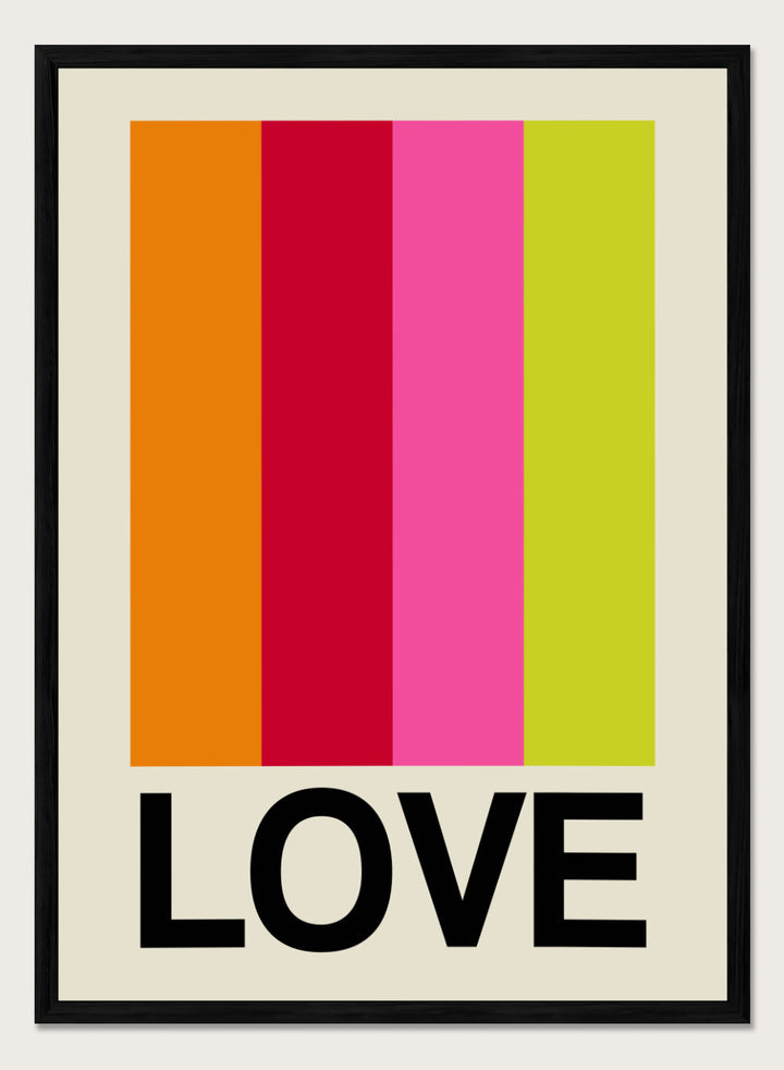 Colorful striped poster with the word 'LOVE' on a beige background. Retro Stripe LOVE Fruit by Frances Collett features colorful vertical stripes and bold LOVE typography. Officially licensed modern graphic art print with optional framing.