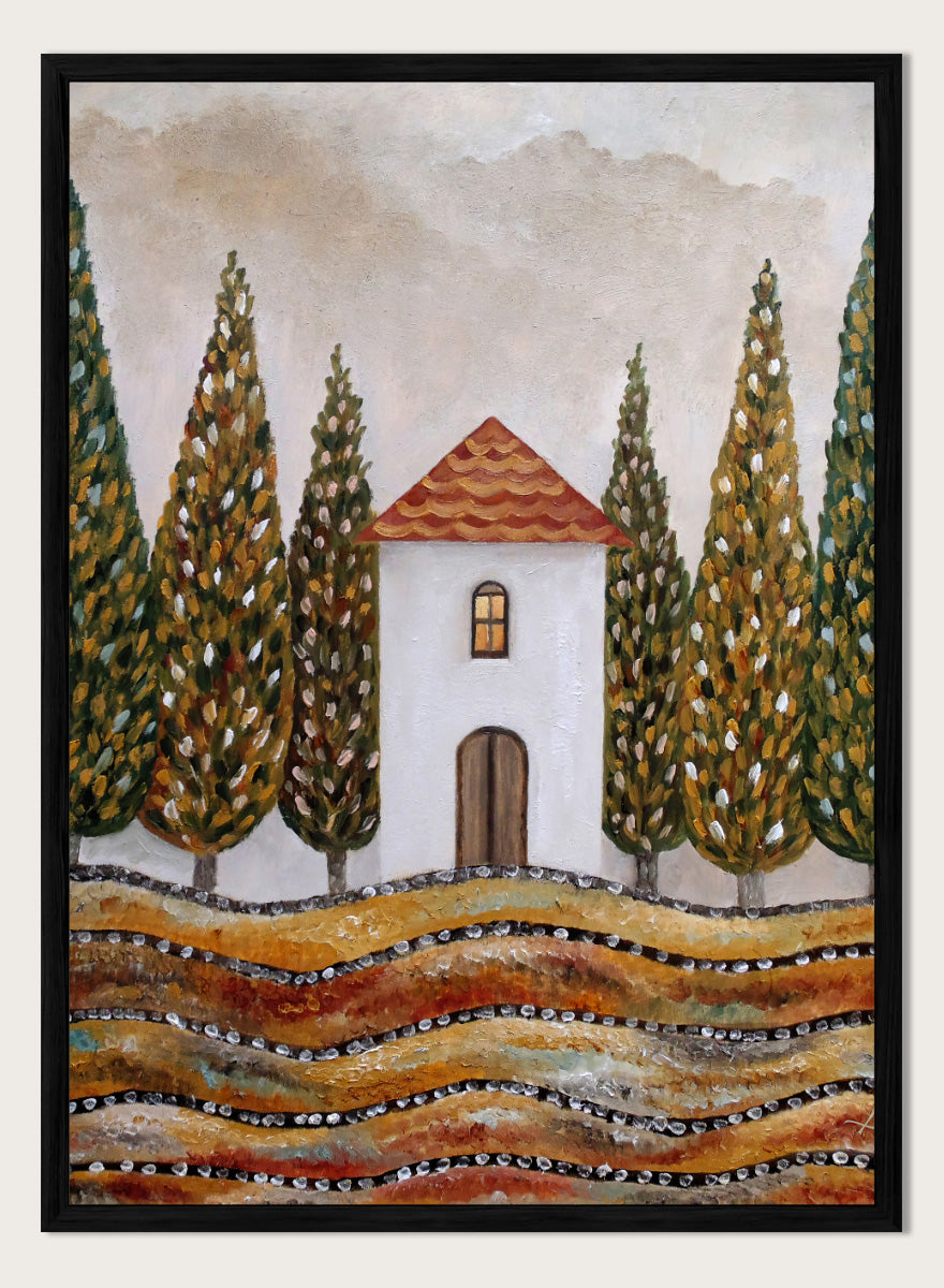 A stylized landscape painting of a small white house with a red-orange tiled roof, surrounded by tall green and gold trees, with wavy golden fields in the foreground. Shop Tuscan Cypress House by Angeles M. Pomata, an autumn landscape art print featuring a white country house, tall cypress trees, terracotta roof, and warm earthy tones.