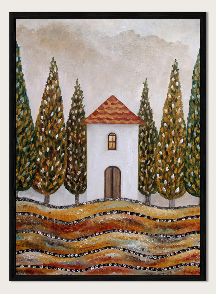 A stylized landscape painting of a small white house with a red-orange tiled roof, surrounded by tall green and gold trees, with wavy golden fields in the foreground. Shop Tuscan Cypress House by Angeles M. Pomata, an autumn landscape art print featuring a white country house, tall cypress trees, terracotta roof, and warm earthy tones.