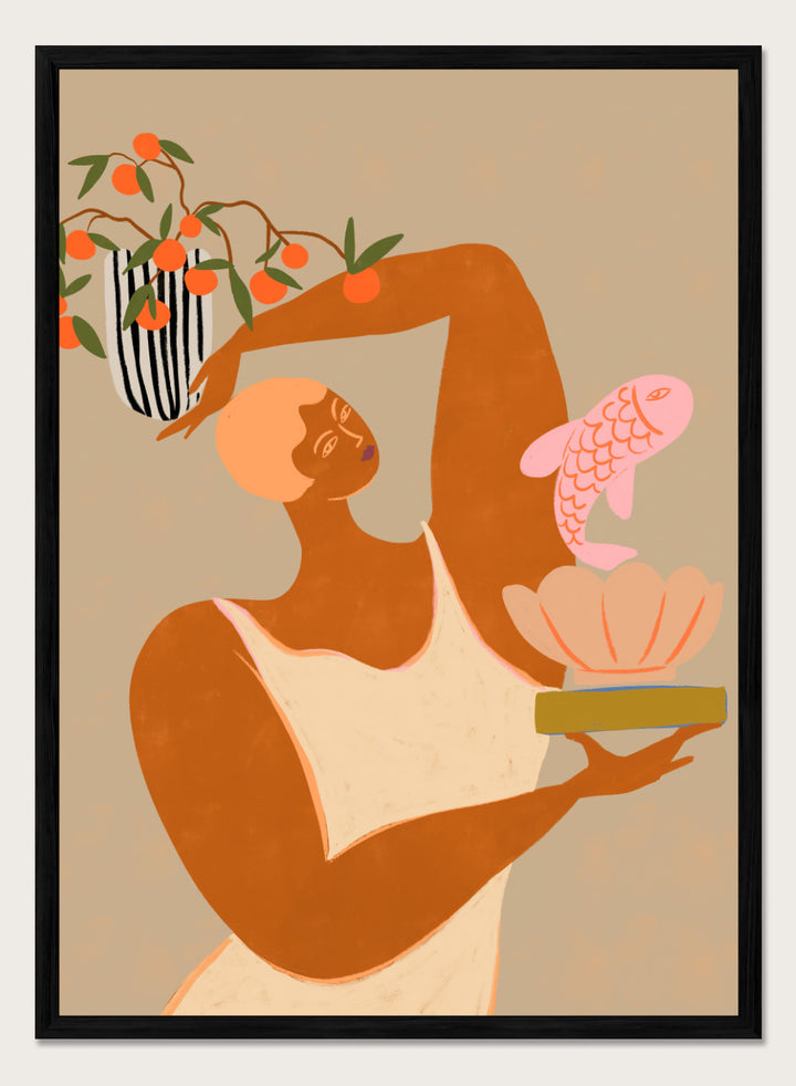 Illustration of a person holding a shell with a fish and a vase with flowers on a beige background. Fish and Oranges by Arty Guava is a modern surreal art print of a woman holding a fish with orange still life details. Officially licensed wall poster.