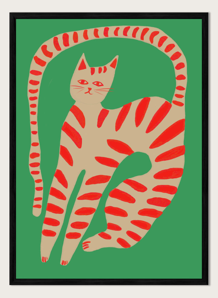 A stylized art print of a cat curled up in a circle, featuring a beige body with red stripes on a solid green background. Striped Cat Stretching by The Art Concept art print featuring a playful striped cat, green background, and bold red accents.