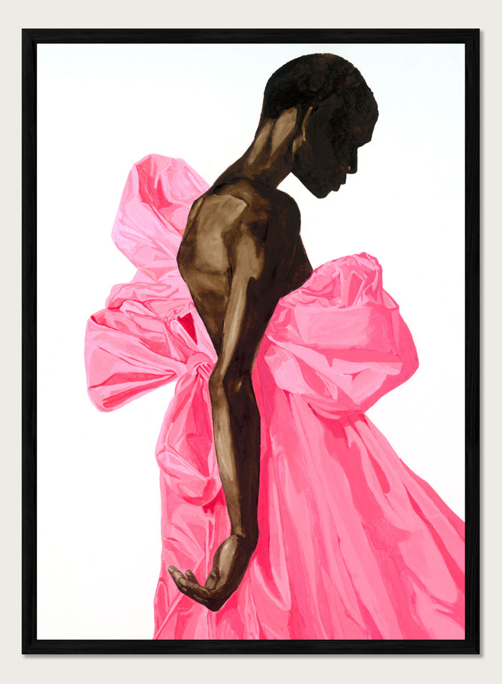 Shop Vibrant Pink Bow Dress by Sophia Novosel, a modern fashion wall art print poster featuring a woman in a dramatic pink dress with oversized bows.