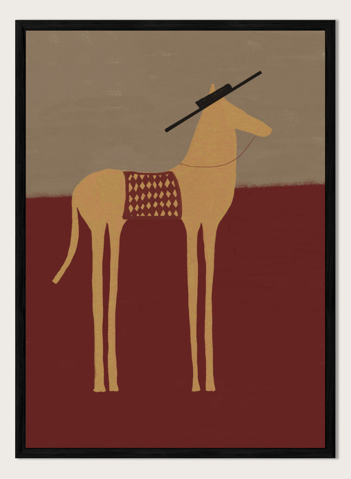 A stylized art print of a camel standing in profile, with a dark hat on its head and a patterned saddle blanket, set against a split beige and dark red background. Desert Horse with Sombrero by The Art Concept animal art print featuring a long-legged horse, patterned saddle blanket, black sombrero, and warm desert tones.