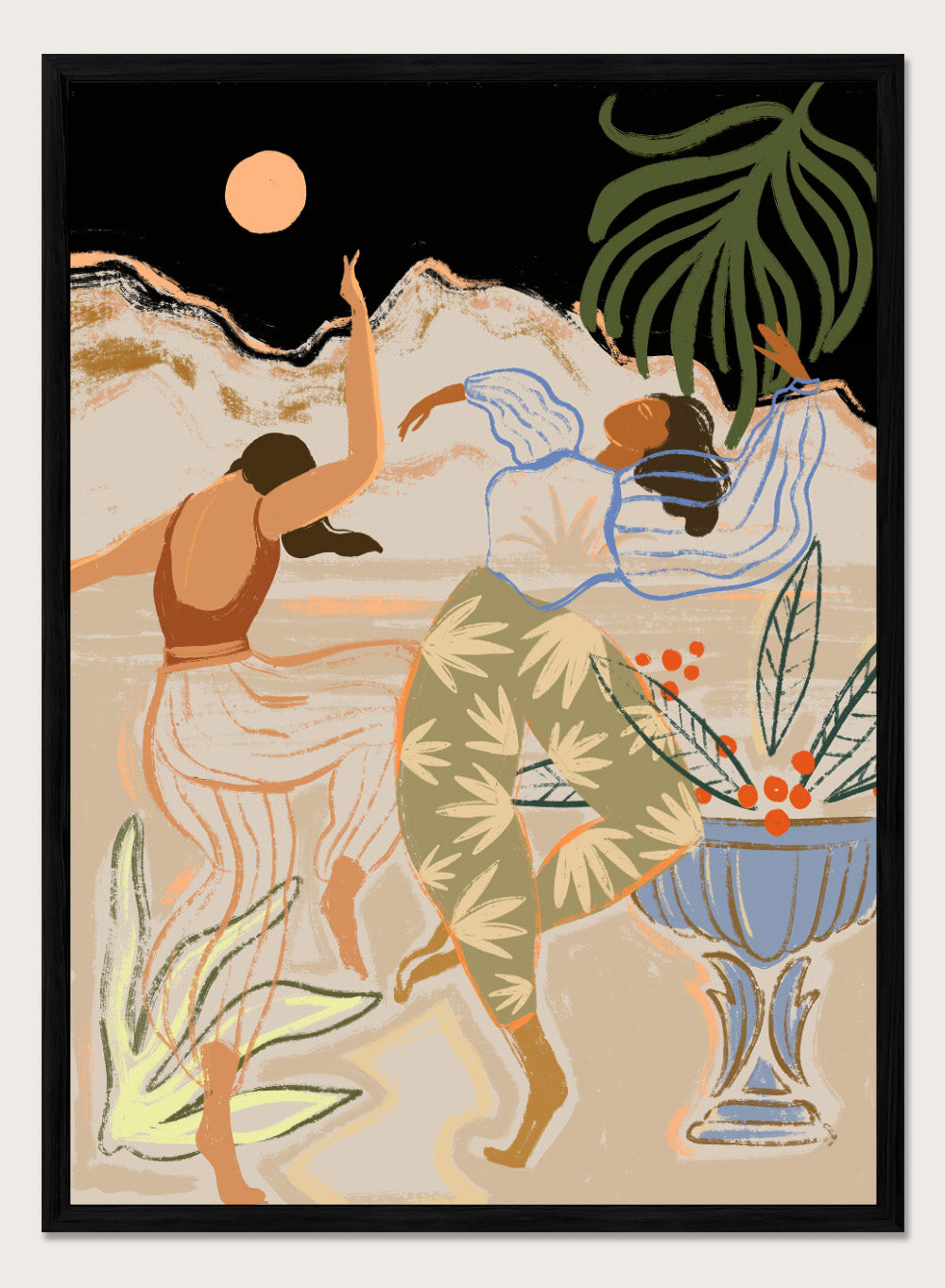 Artistic depiction of two figures dancing with plants and a vase in the background. Moonlight Dance by Arty Guava is a modern illustration art print featuring dancing women, moon imagery, floral elements, and contemporary wall art design.