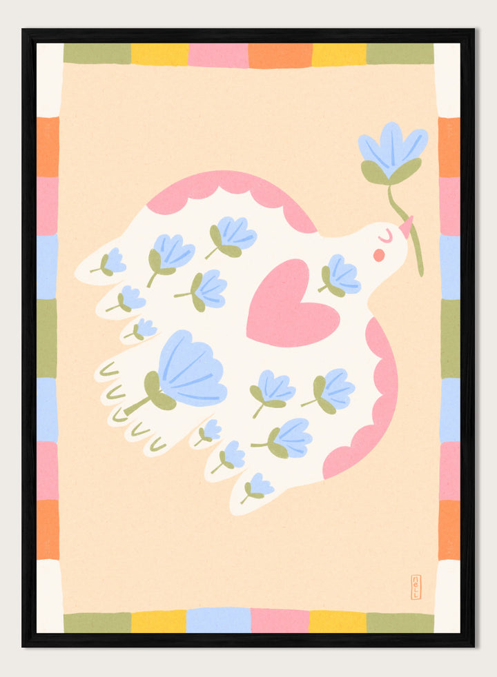 A framed art print featuring a whimsical illustration of a white dove with blue flowers and a pink heart, framed by a pastel multicolor border on a light peach background. Shop Flowering Peace Dove by Dirkie Nell, a colorful bird and floral art print featuring a white dove, blue flowers, pink wings, and a playful peace motif.