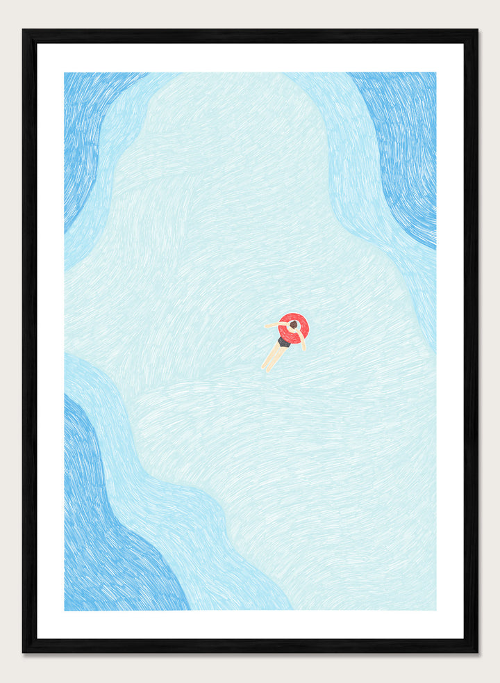 Calm Summer Swim by Rio Soléy is a minimalist coastal art print featuring a lone swimmer, soft blue water, playful illustration, and relaxed summer vibes.