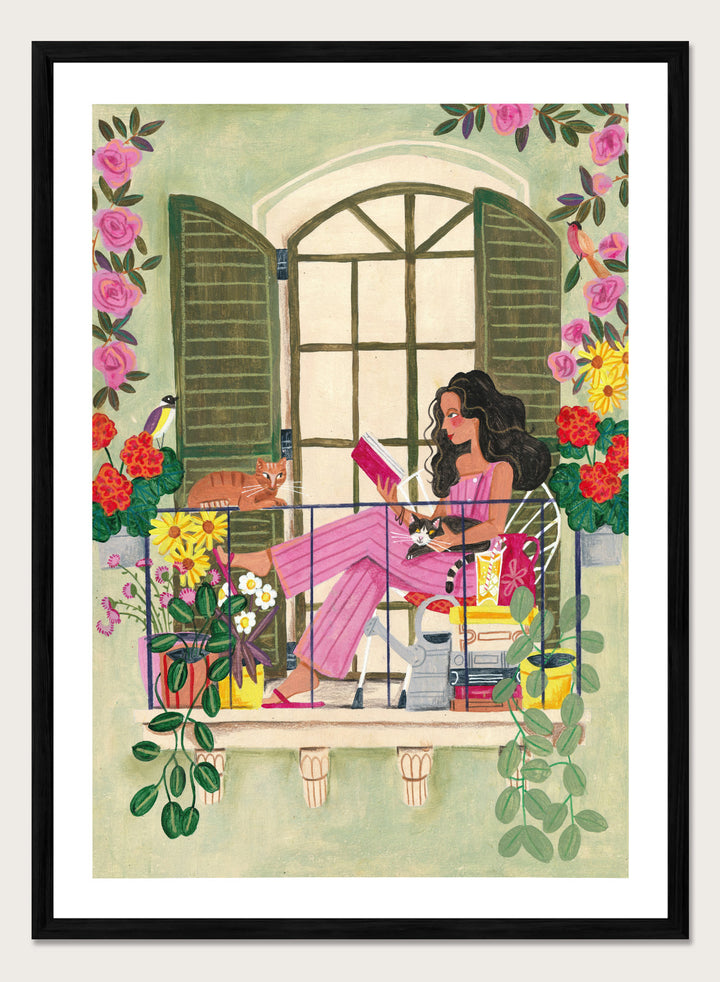 Illustration of a woman reading a book on a balcony with flowers and plants. Balcony Reading With Cats by Caroline Bonne Müller is a fine art print and wall poster of a woman reading on a balcony with cats and flowers in a modern style.