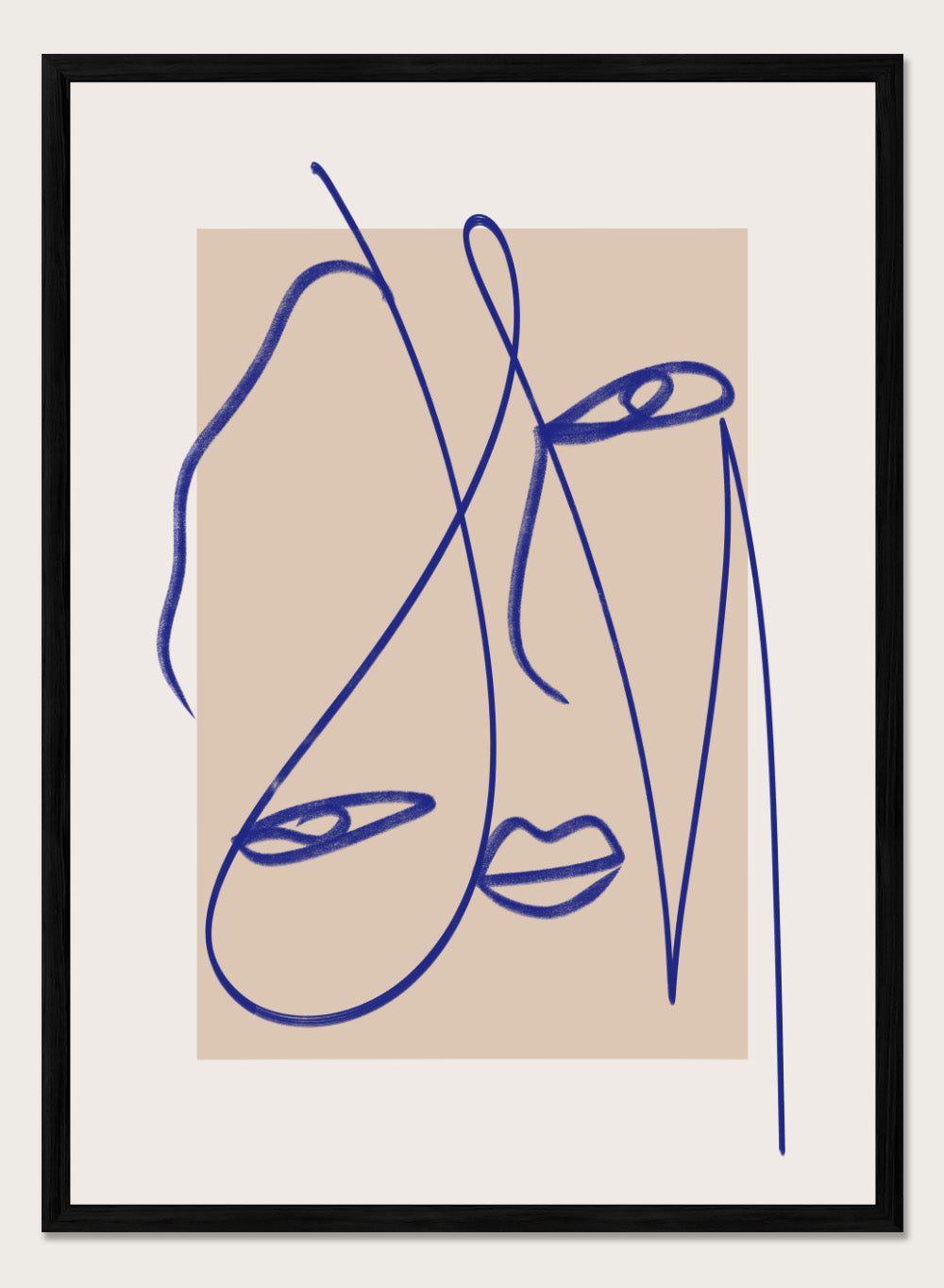 Abstract Blue Line Art print by Little Dean. Modern minimalist face illustration in bold blue linework, contemporary wall art poster.