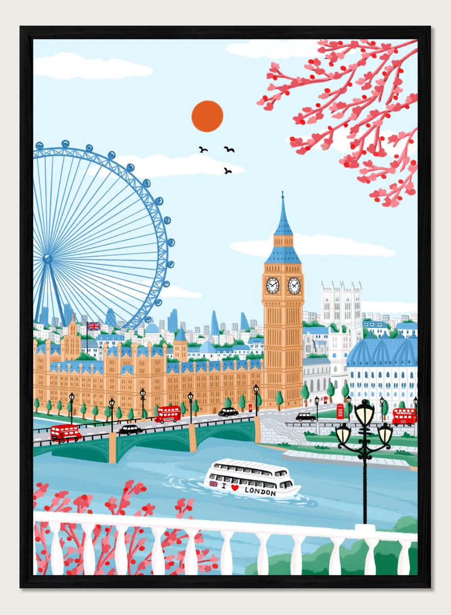 A colorful illustrated cityscape of London featuring Big Ben, the London Eye, red double-decker buses, a river boat, clouds, birds, and pink blossoms against a light blue sky. Shop Spring London Landmarks by Nidhi Kachhadiya, a colorful London wall art print featuring Big Ben, the London Eye, cherry blossoms, and bright spring city views.