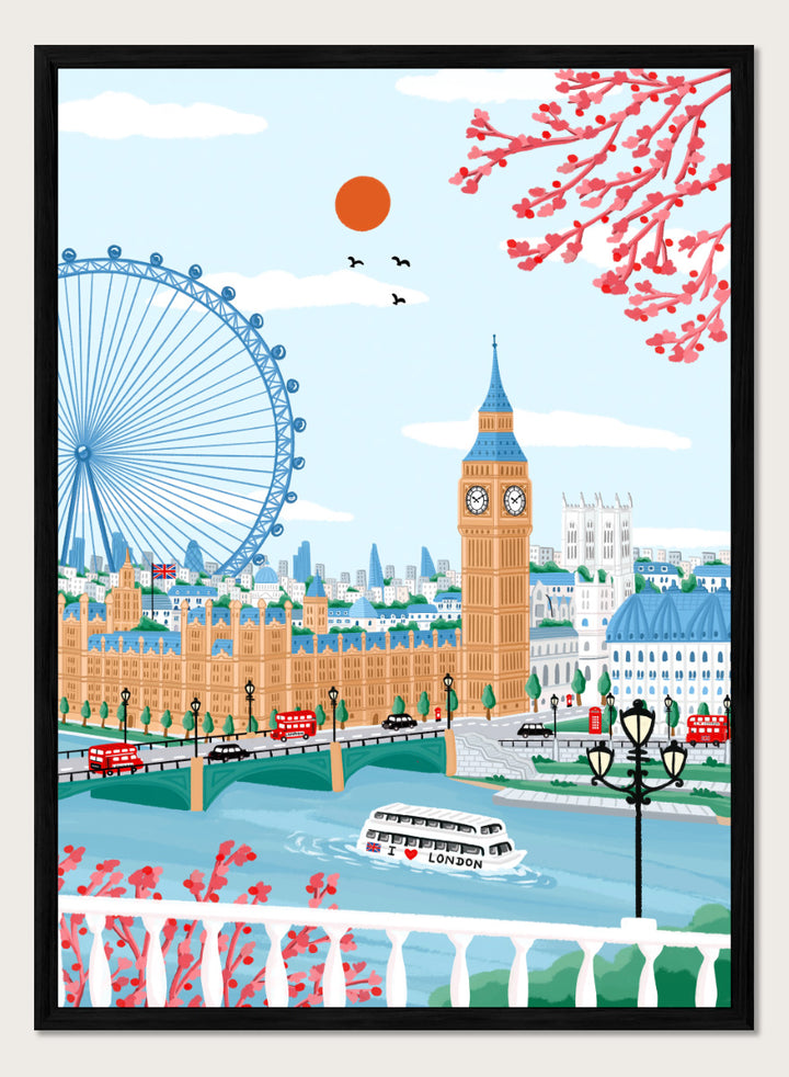 A colorful illustrated cityscape of London featuring Big Ben, the London Eye, red double-decker buses, a river boat, clouds, birds, and pink blossoms against a light blue sky. Shop Spring London Landmarks by Nidhi Kachhadiya, a colorful London wall art print featuring Big Ben, the London Eye, cherry blossoms, and bright spring city views.