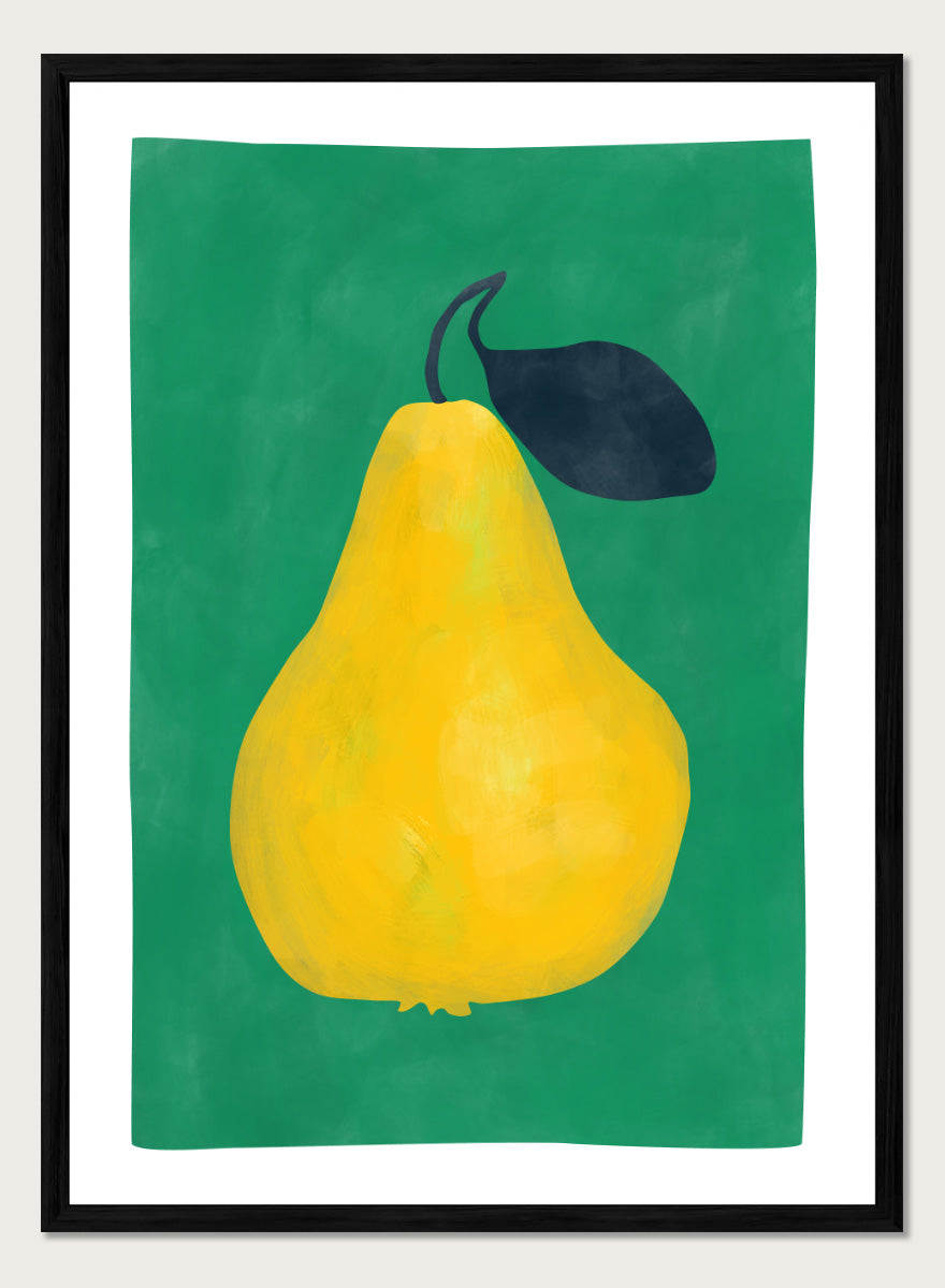 Shop Vibrant Yellow Pear by Elena Ristova, a colorful fruit wall art print poster featuring an oversized yellow pear, dark leaf, and rich green background.