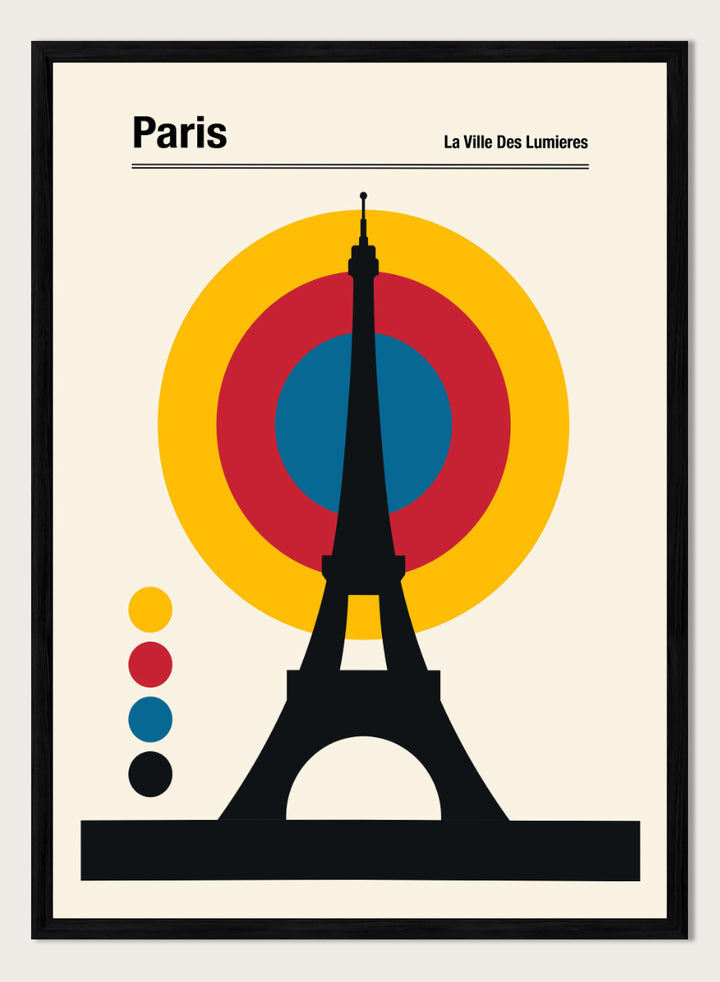 A minimalist Paris poster featuring a black Eiffel Tower silhouette in front of concentric yellow, red, and blue circles on a cream background, with the text &