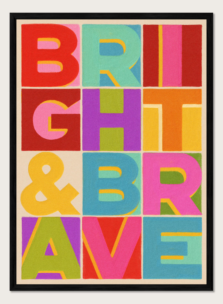 Shop Bright and Brave Letters by Dominique Vari, a colorful typography wall art print poster featuring bold retro lettering in pink, red, blue, green, and yellow.