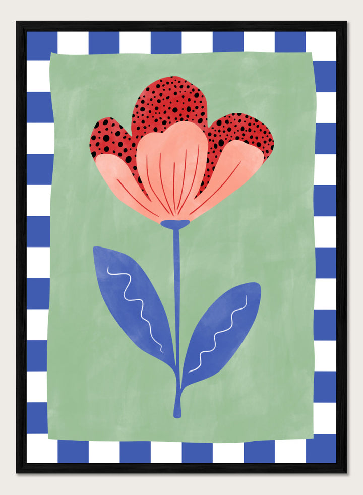 Shop Playful Red Bloom by Elena Ristova, a floral wall art print poster with a red flower, blue leaves, mint green background, and check border.