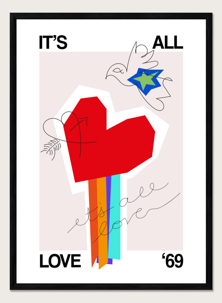 Colorful abstract design with a red heart and text on a light background. It’s All Love ’69 Heart Greige by Frances Collett is a colorful heart art print with rainbow stripes and expressive linework. Officially licensed contemporary wall poster with optional framing.