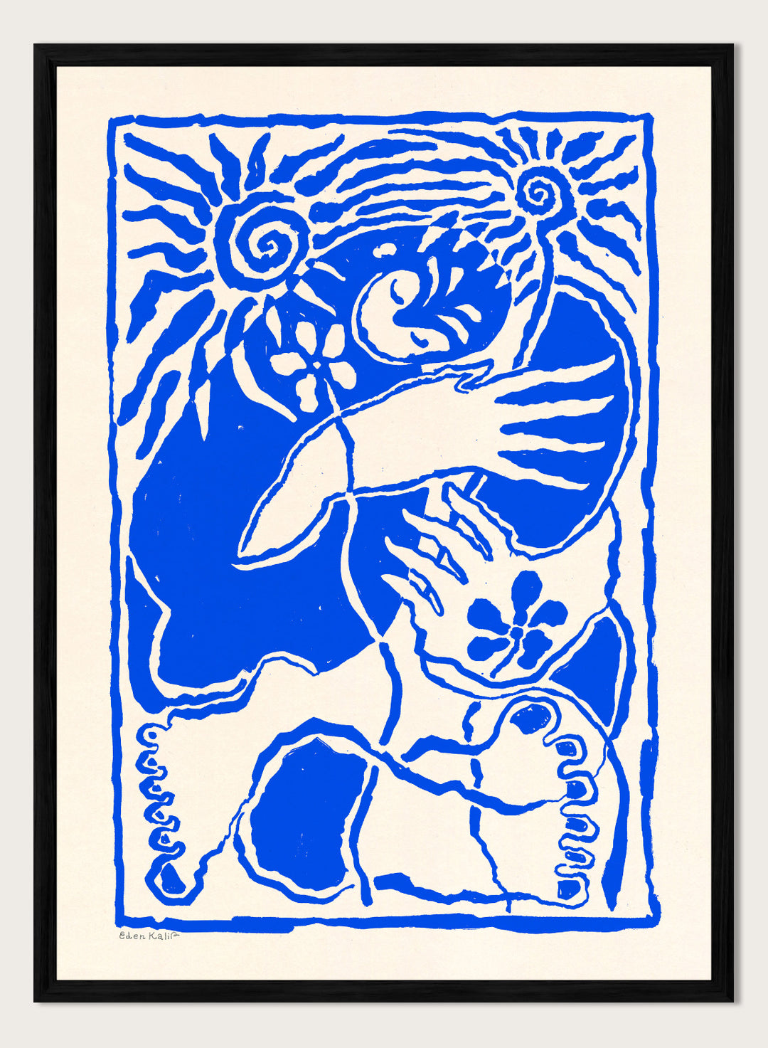 Blue and white abstract design with a central figure and sun-like elements on a beige background. Protection Blue by Eden Kalif is a modern figurative art print in bold blue, a contemporary minimalist wall poster with symbolic forms and expressive line work.
