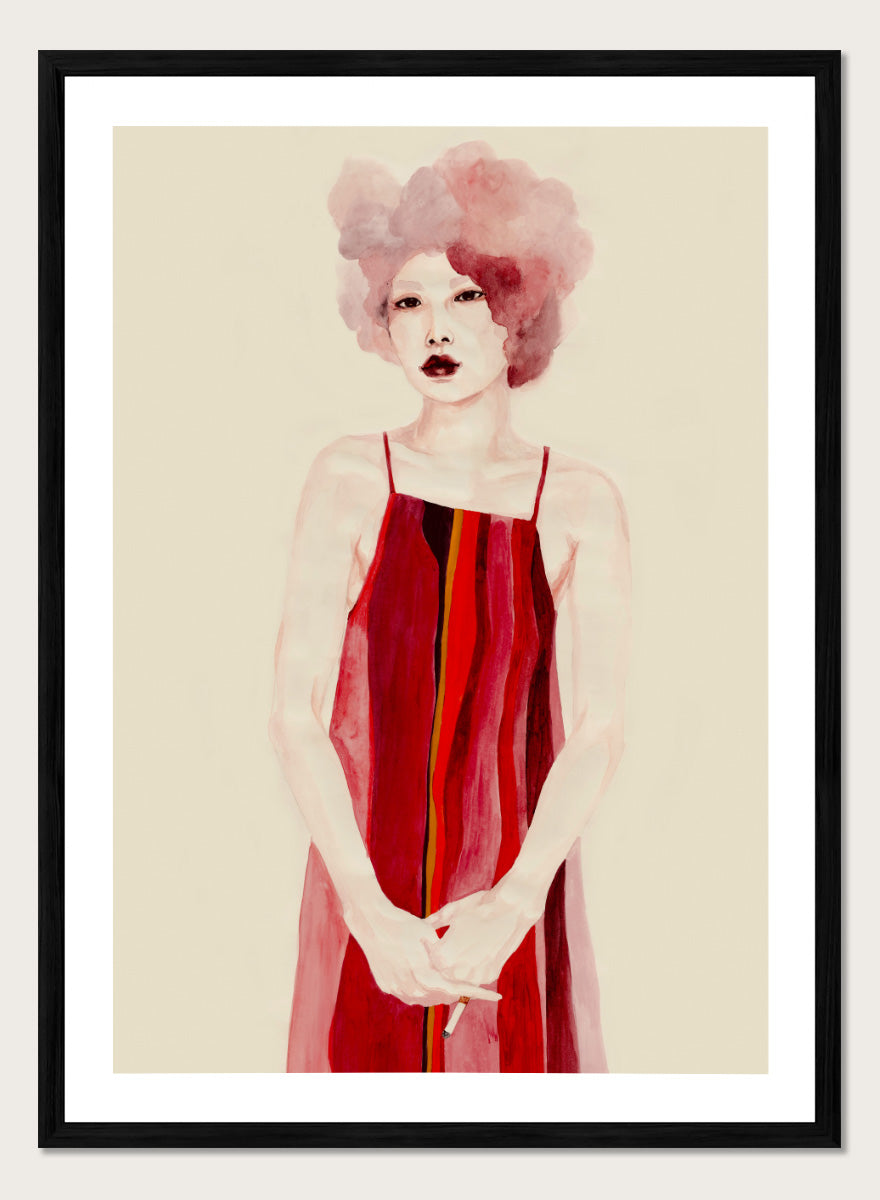 Shop Red Dress Portrait by Sophia Novosel, a modern female portrait wall art print poster featuring a woman in a red striped dress with soft pink hair.