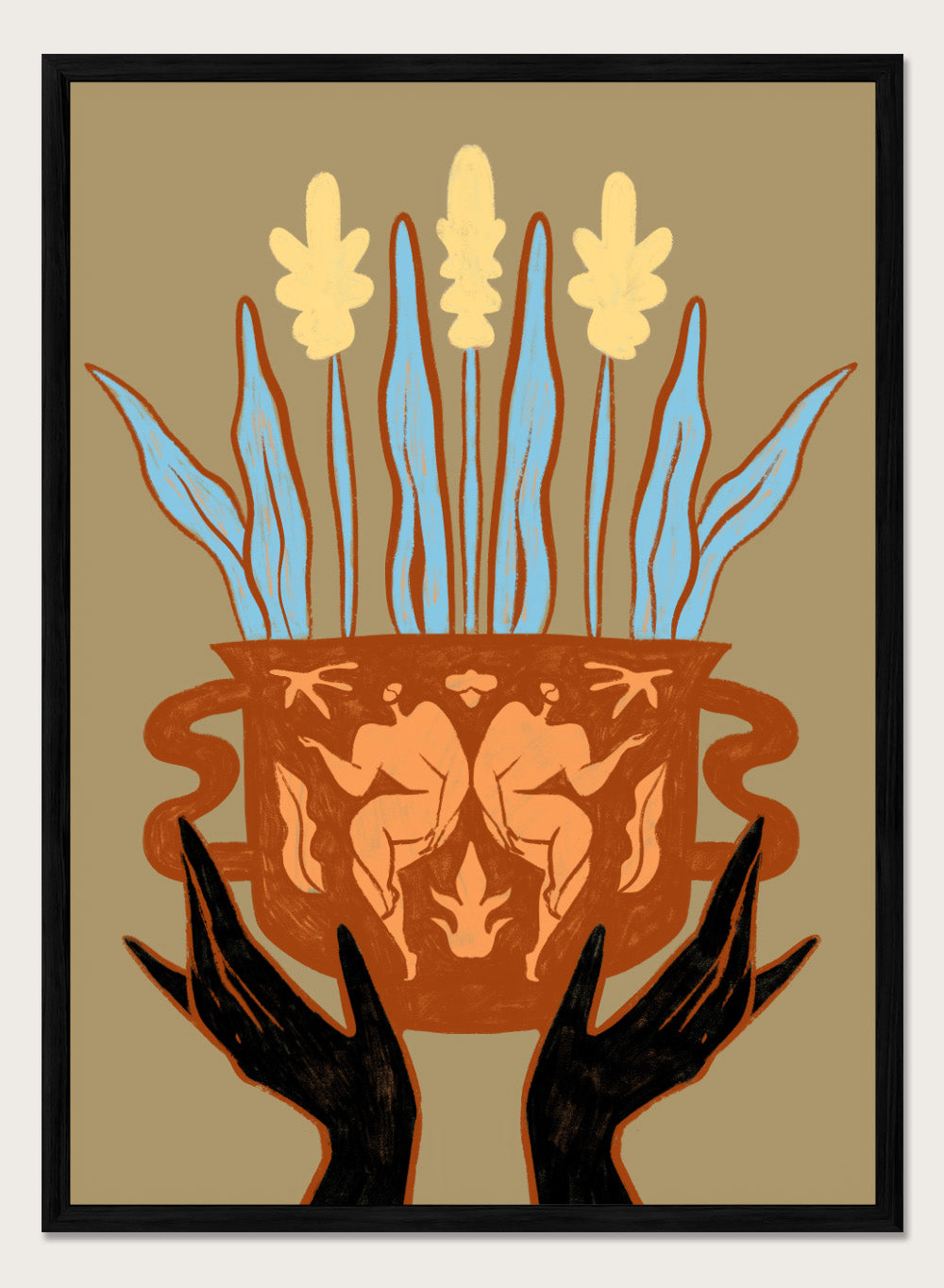 Decorative illustration of a vase with floral design and hands holding it, on a beige background. Vessel Collection: Growth by Arty Guava art print, modern vase wall poster with botanical illustration, contemporary minimalist line artwork.