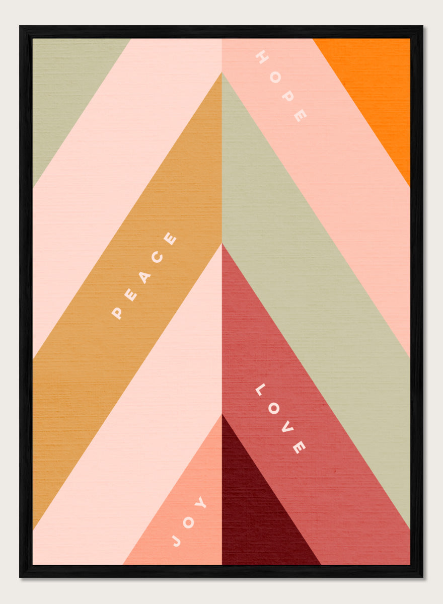 Shop Hope Peace Love Joy by Dominique Vari, a retro holiday wall art print poster featuring geometric shapes, uplifting words, and warm pink, green, red, and ochre tones.