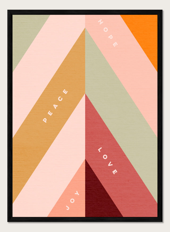 Shop Hope Peace Love Joy by Dominique Vari, a retro holiday wall art print poster featuring geometric shapes, uplifting words, and warm pink, green, red, and ochre tones.