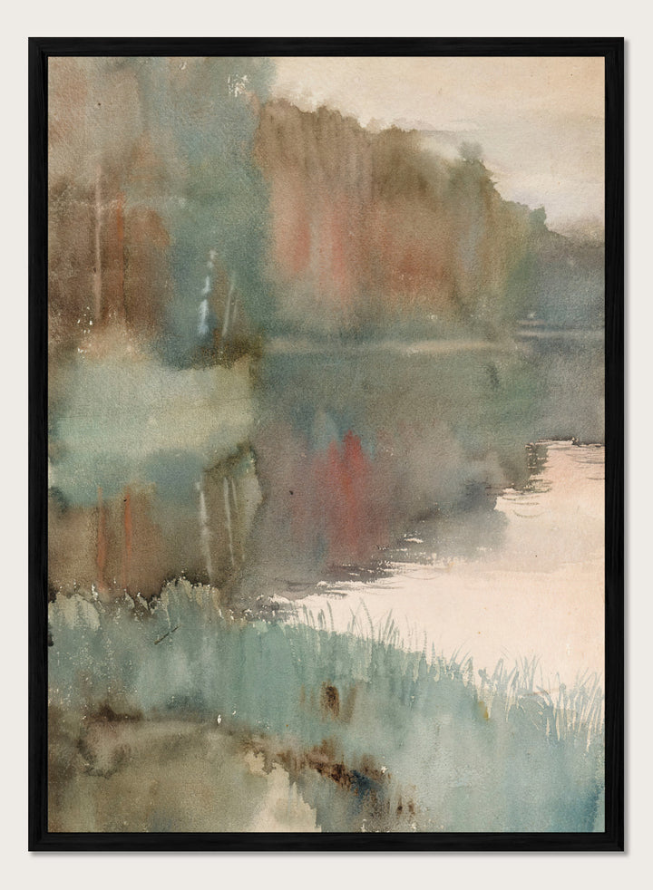 Shop Seashore at Haikko in Autumn by Albert Edelfelt, a vintage Finnish landscape wall art print poster featuring a misty autumn shoreline in green tones.