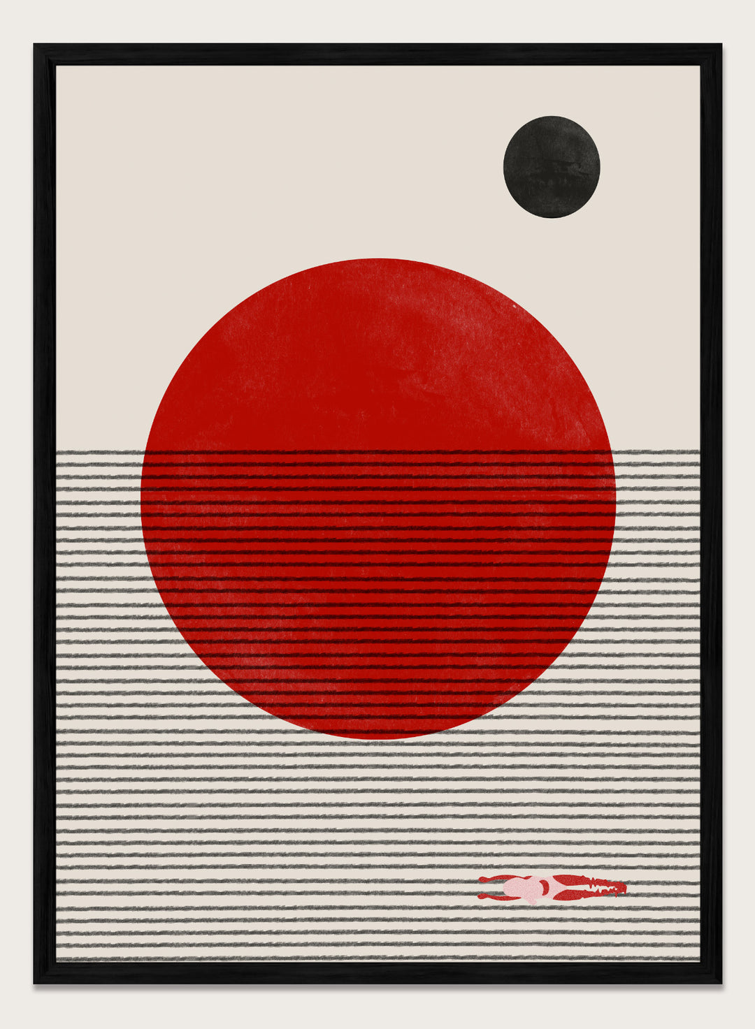 Abstract design with a red circle, black dot, and striped pattern on a beige background. Floating Horizons by The MIUUS Studio is a minimalist abstract art print and wall poster featuring geometric shapes, red sun, ocean lines, and swimmer detail.