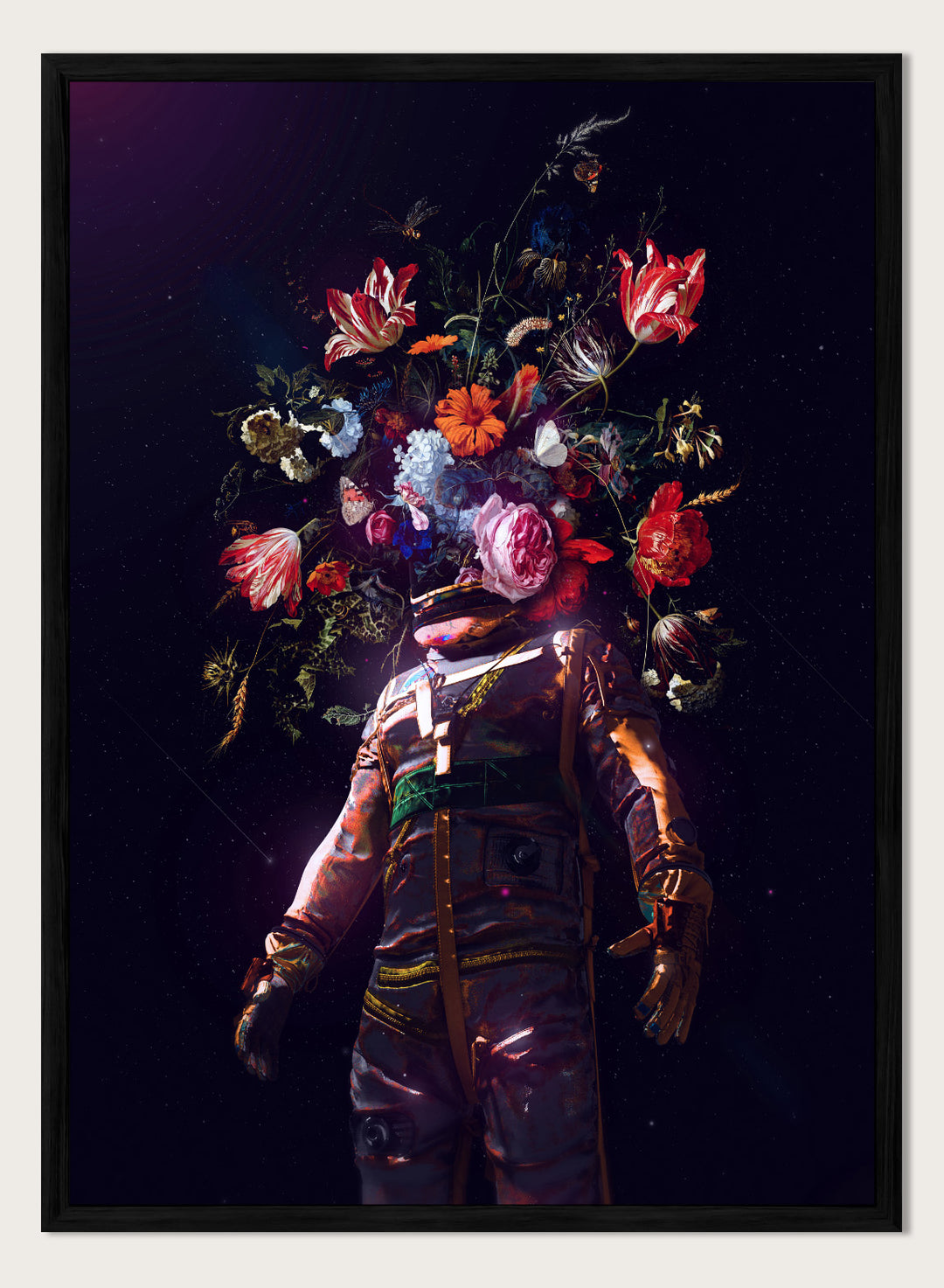 Person wearing a costume with floral headpiece against a dark background. Cosmic Garden Astronaut by Nicebleed is a surreal floral space art print featuring an astronaut with blooming flowers, modern aesthetic wall poster.