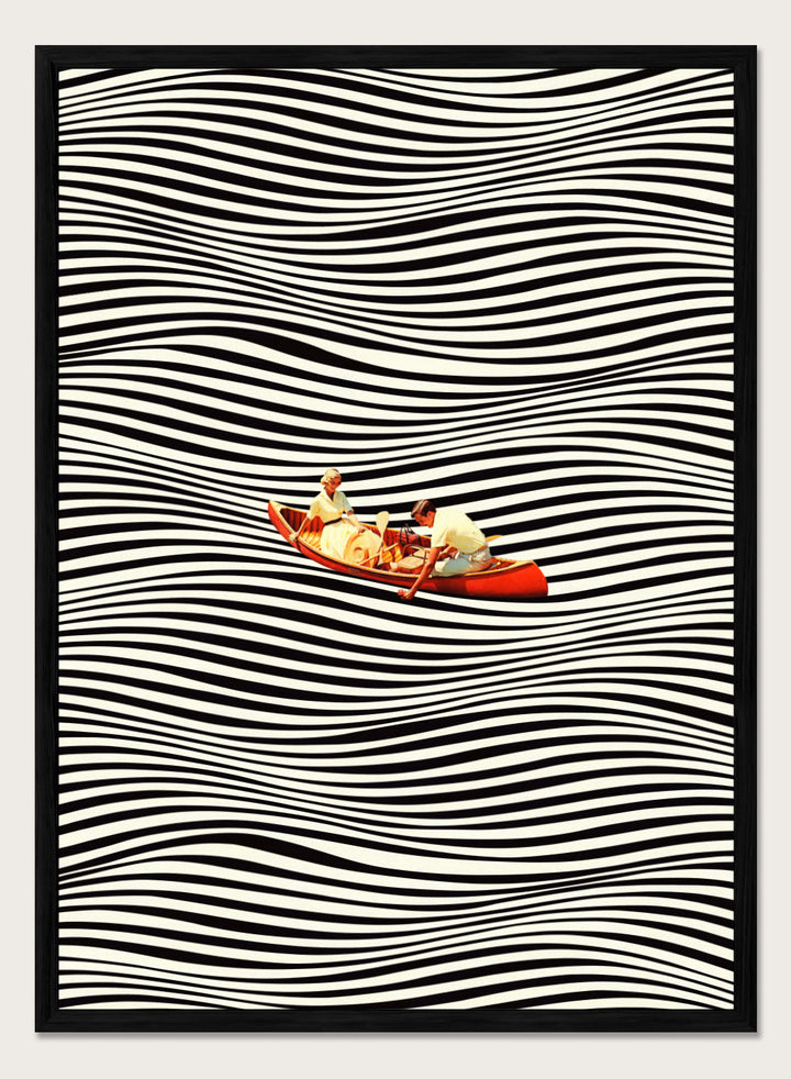 Two people in a red boat on a background of black and white wavy lines. The Real Boat Trip by Taudalpoi features a surreal boat illustration floating on black and white wavy lines. Retro collage art print with optical illusion design and optional framing.