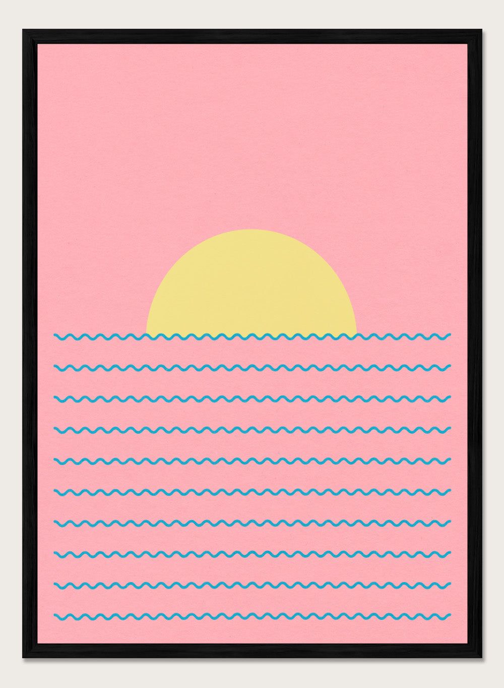 Simplified illustration of a sunset over water with blue waves on a pink background. Every Day the Sun Rises by Rosi Feist is a minimalist sun and waves art print with pink sky. Officially licensed modern poster with framing.