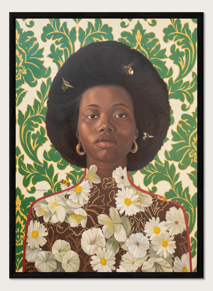 A stylized portrait artwork of a Black woman with an afro hairstyle, wearing gold hoop earrings and a brown top covered in white daisy flowers, set against a green and cream damask patterned background with small bees visible. Shop Afro Floral Portrait by Damilare Jamiu, a contemporary portrait wall art print featuring a woman with afro hair, floral details, bees, and rich green tones.