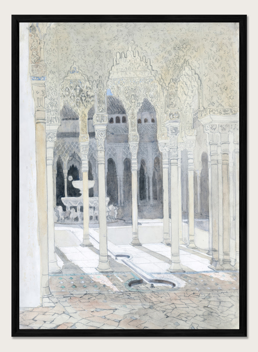 A watercolor and ink painting of a historic courtyard with arches, columns, and a fountain. The Lion Courtyard, the Alhambra, Granada, Spain by Hercules Brabazon Brabazon is a vintage watercolor art print featuring Moorish arches, columns, and the Alhambra courtyard.