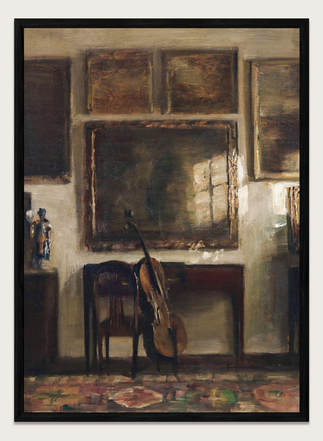 Painting of a room interior with a guitar, chair, and framed pictures. Interior with a Cello by Carl Holsøe is a vintage Danish interior art print featuring a cello, Scandinavian interiors, muted tones, and classic European home decor.