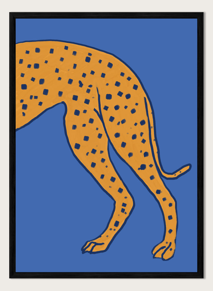 A stylized illustration of a spotted big cat, cropped to show the torso and hind legs, in orange with dark blue spots on a solid blue background. Spotted Cheetah on Blue by The Art Concept animal art print featuring a cropped golden cheetah with deep blue spots against a bold blue background.