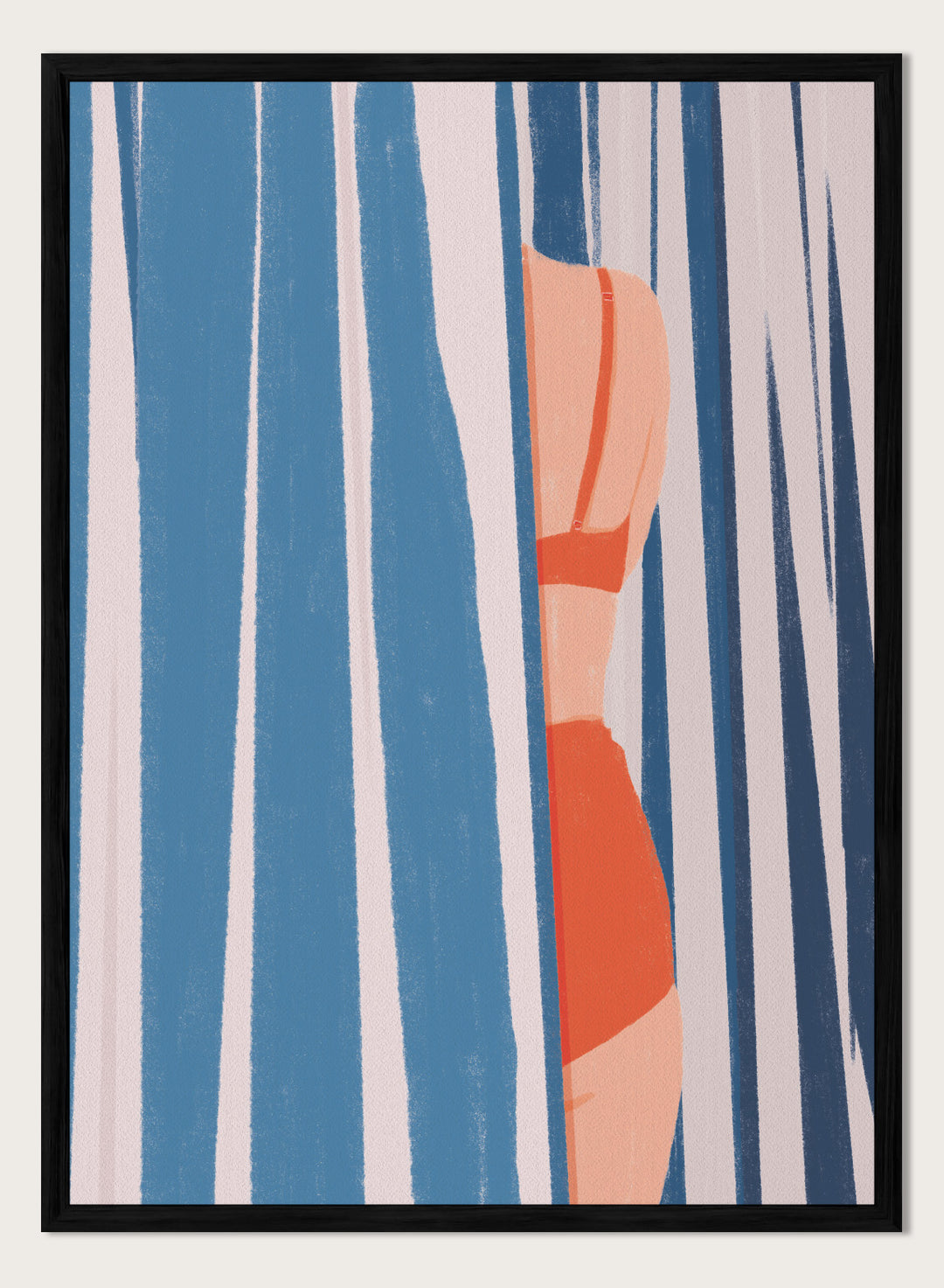 A stylized art print featuring a woman in an orange bikini partially obscured by vertical blue and white striped curtains. Woman Behind Stripes by Lisa Solomoniuk premium framed fine art print featuring a woman in a red bikini behind bold blue-and-white coastal stripes.