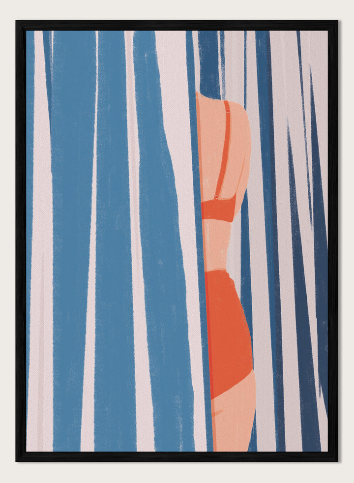 A stylized art print featuring a woman in an orange bikini partially obscured by vertical blue and white striped curtains. Woman Behind Stripes by Lisa Solomoniuk premium framed fine art print featuring a woman in a red bikini behind bold blue-and-white coastal stripes.