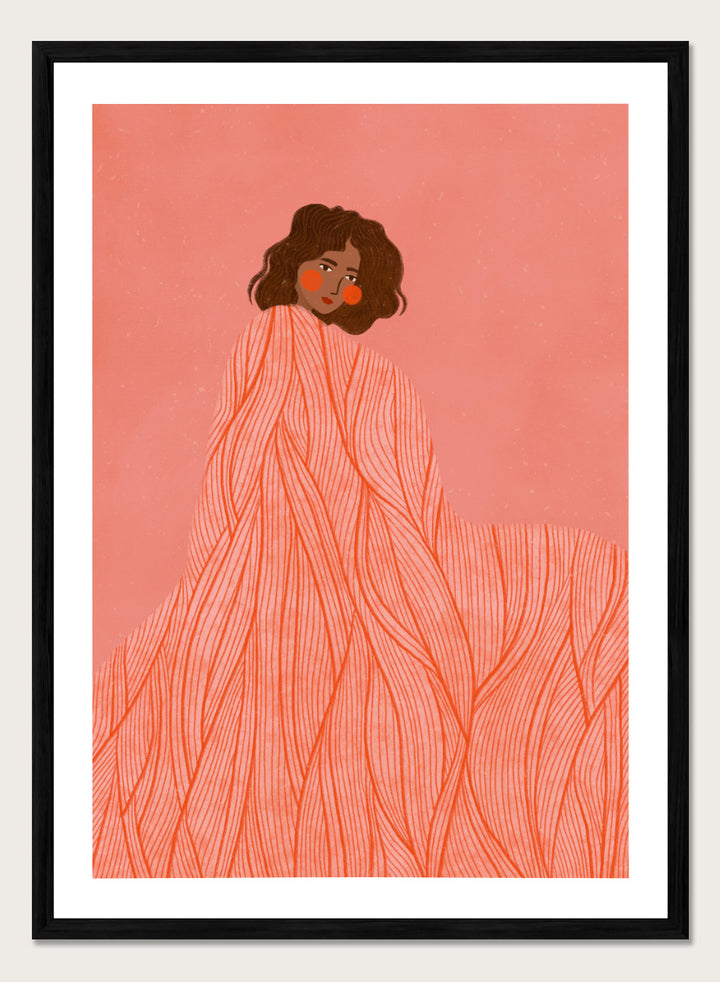 An art print featuring an illustration of a woman with dark curly hair wrapped in a flowing coral-orange patterned dress against a solid pink background. Coral Woman Dreaming by Bea Müller portrait art print featuring a woman wrapped in a flowing coral dress with fine red lines and modern graphic detail.